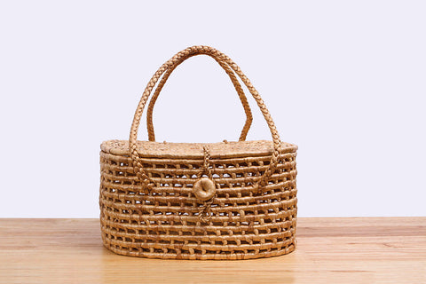 Natural straw wicker basket with lid (short)