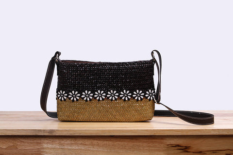 Woven Seagrass pouch bag with flower (two tones)