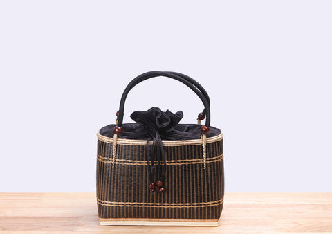Mini Bamboo Wicker Square Handbag (Black)